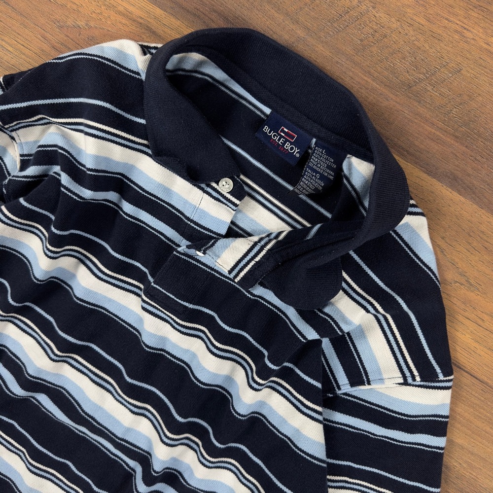 Bugle Boy Men Polo Shirt Large Navy Blue White Striped Short Sleeve Cotton Blend